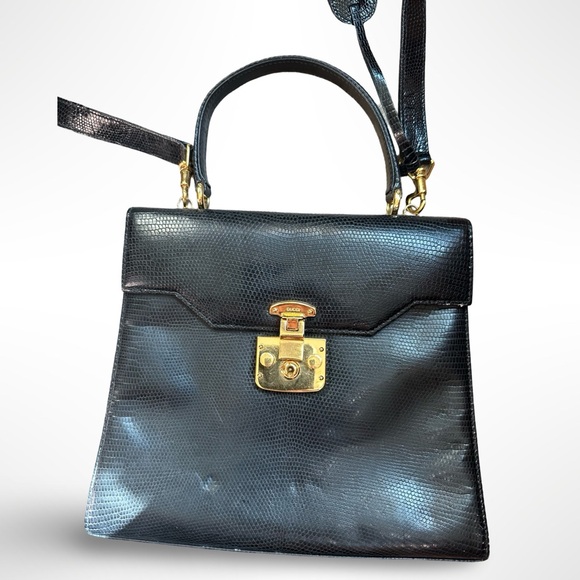 Vintage 90s Gucci Lady Lock Black Lizard 2-Way Purse - Picture 2 of 5